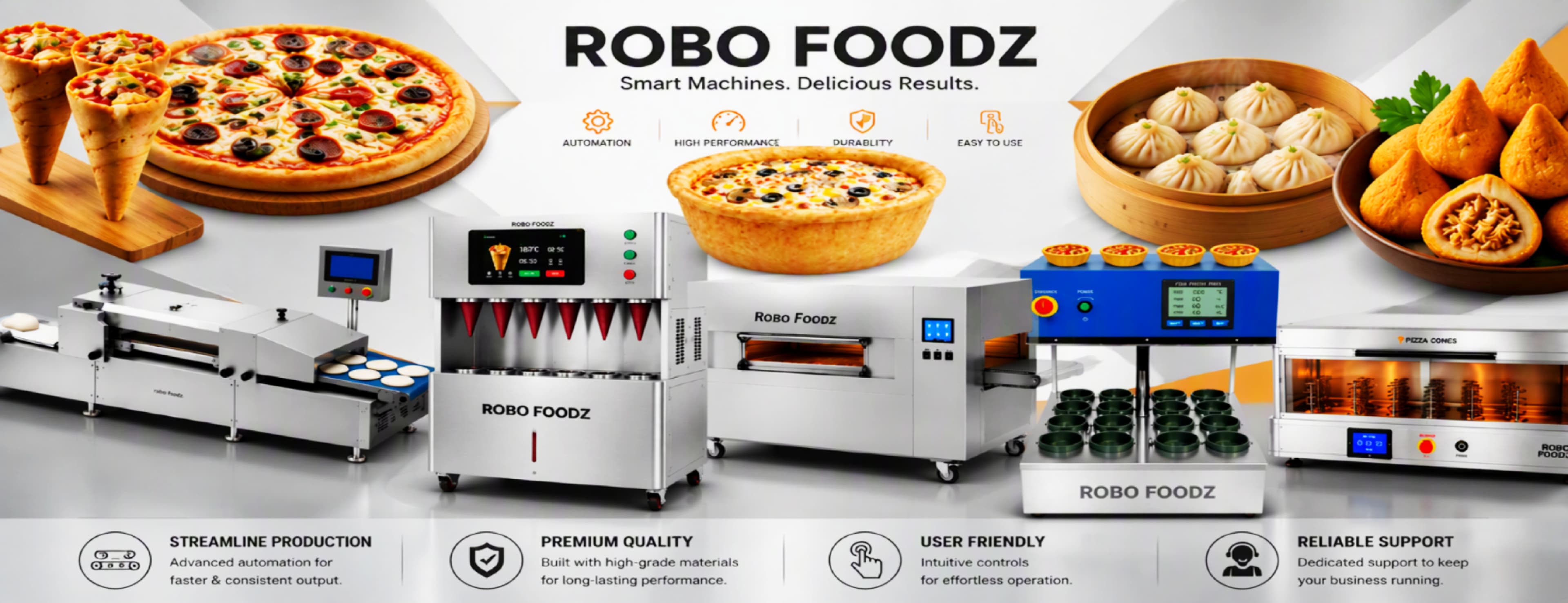 Robo Foodz — Smart Machines, Delicious Results: automated pizza cone, disc, and dumpling machines with finished food products