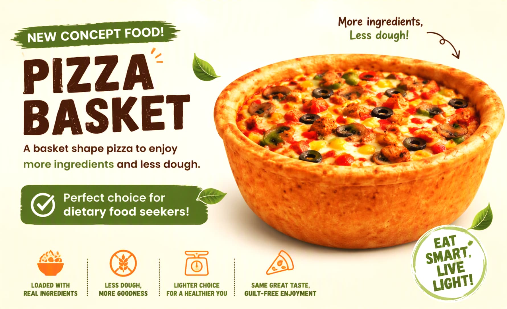 Pizza Basket — a basket-shaped pizza with more ingredients and less dough, made using Robo Foodz machines