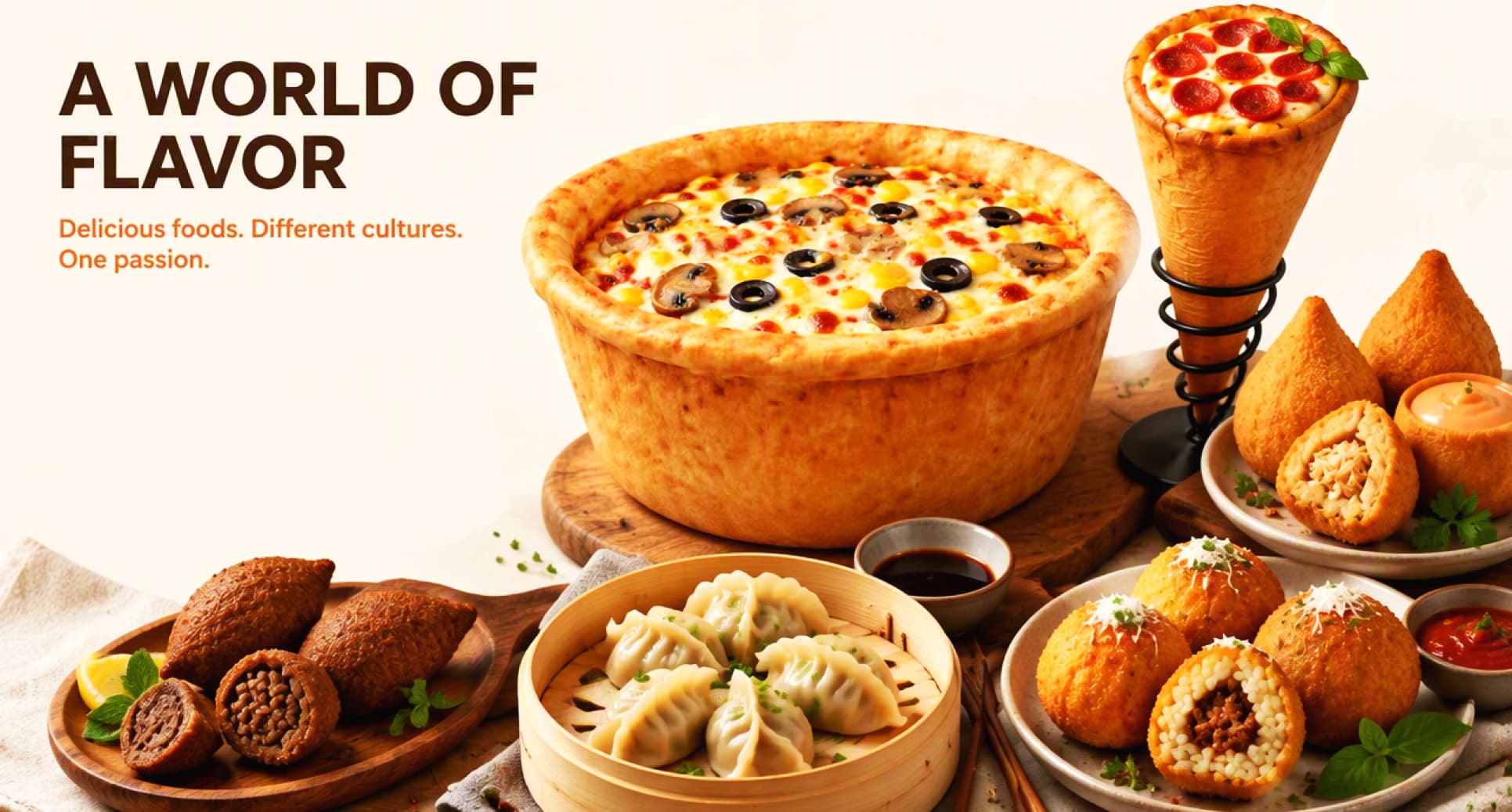 A world of flavor — pizza basket, pizza cone, dumplings, kibbeh, and arancini made using Robo Foodz machines